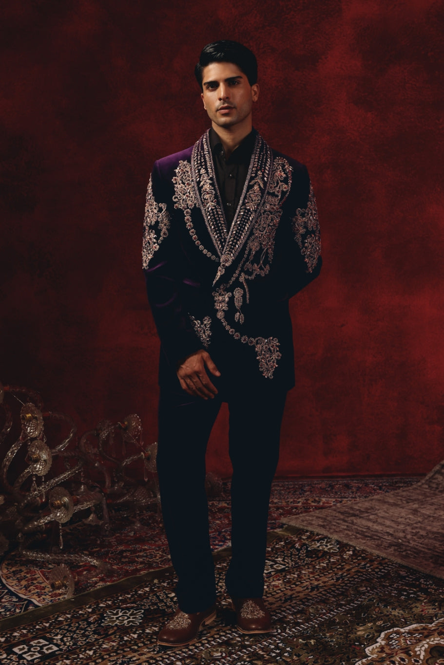 Baadshah-e-Aariz – Purple Velvet Tuxedo with Grand Gold Embroidery