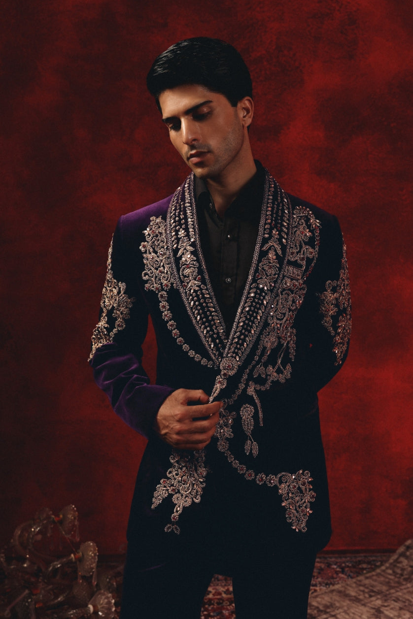 Baadshah-e-Aariz – Purple Velvet Tuxedo with Grand Gold Embroidery