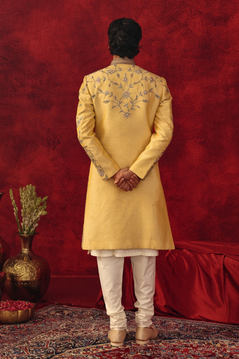 Nooriyan – Yellow Sherwani with Silver & Multicolour Embroidery