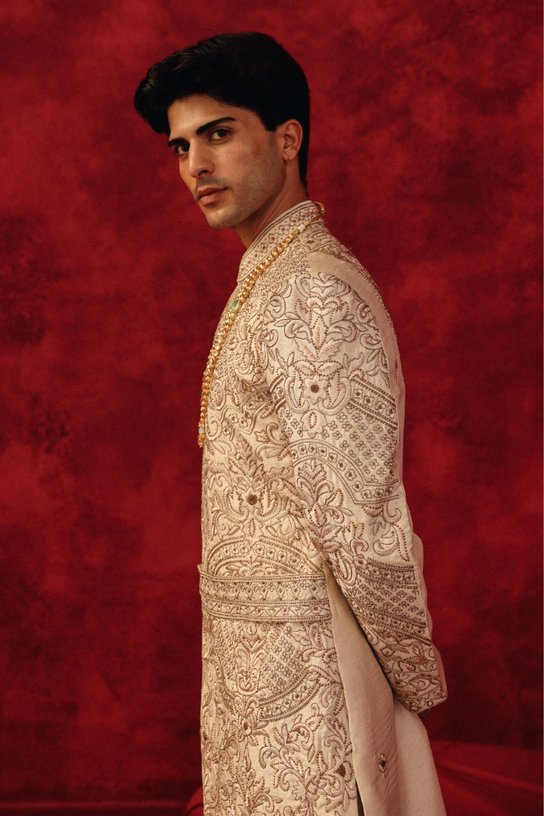 Aafreen – Peach Embroidered Sherwani Ensemble
