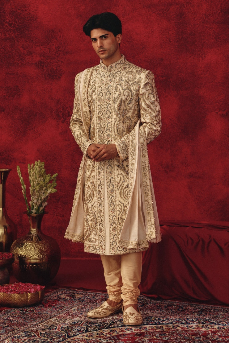 Zarbaft – Ivory Sherwani with Dabka & Red Resham Embroidery