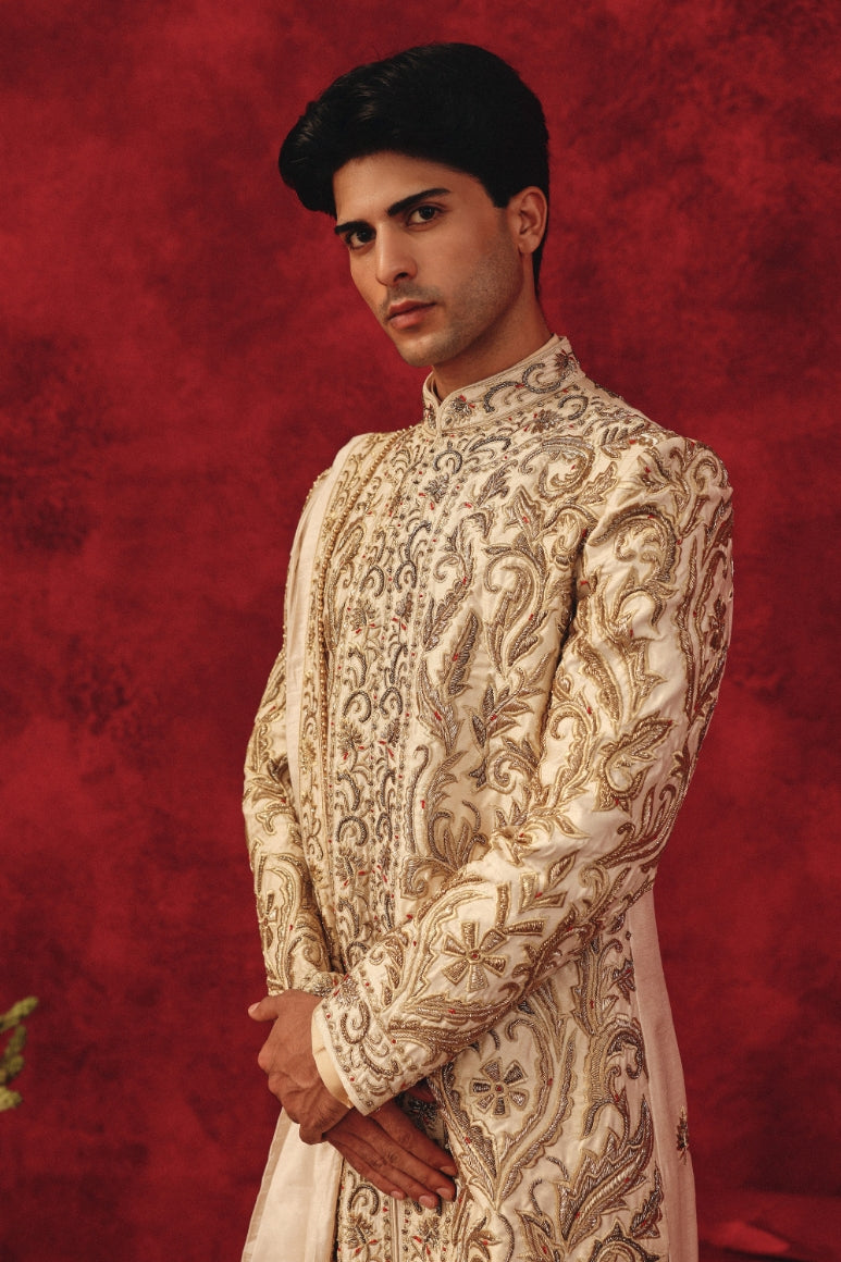 Zarbaft – Ivory Sherwani with Dabka & Red Resham Embroidery