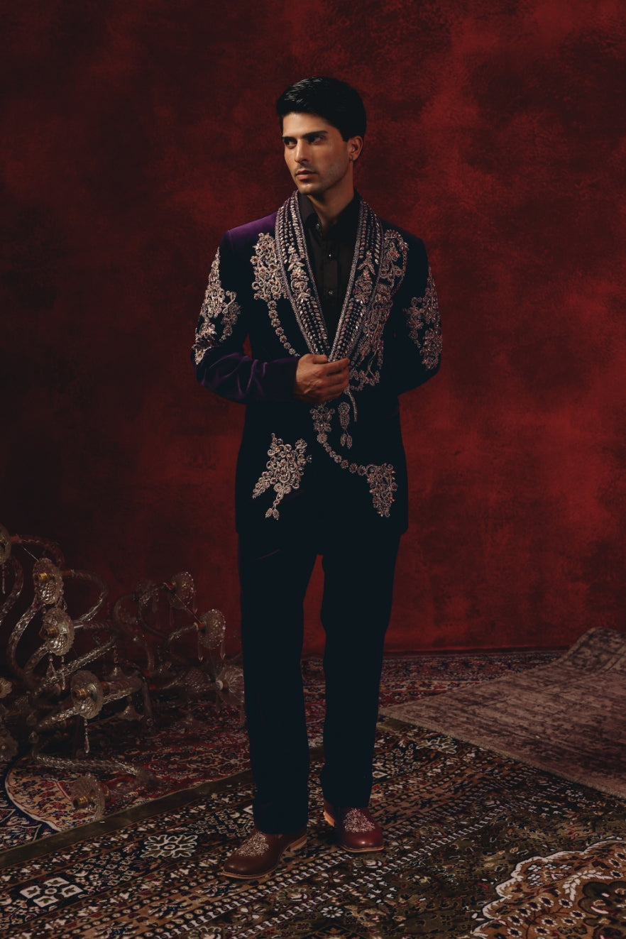 Baadshah-e-Aariz – Purple Velvet Tuxedo with Grand Gold Embroidery