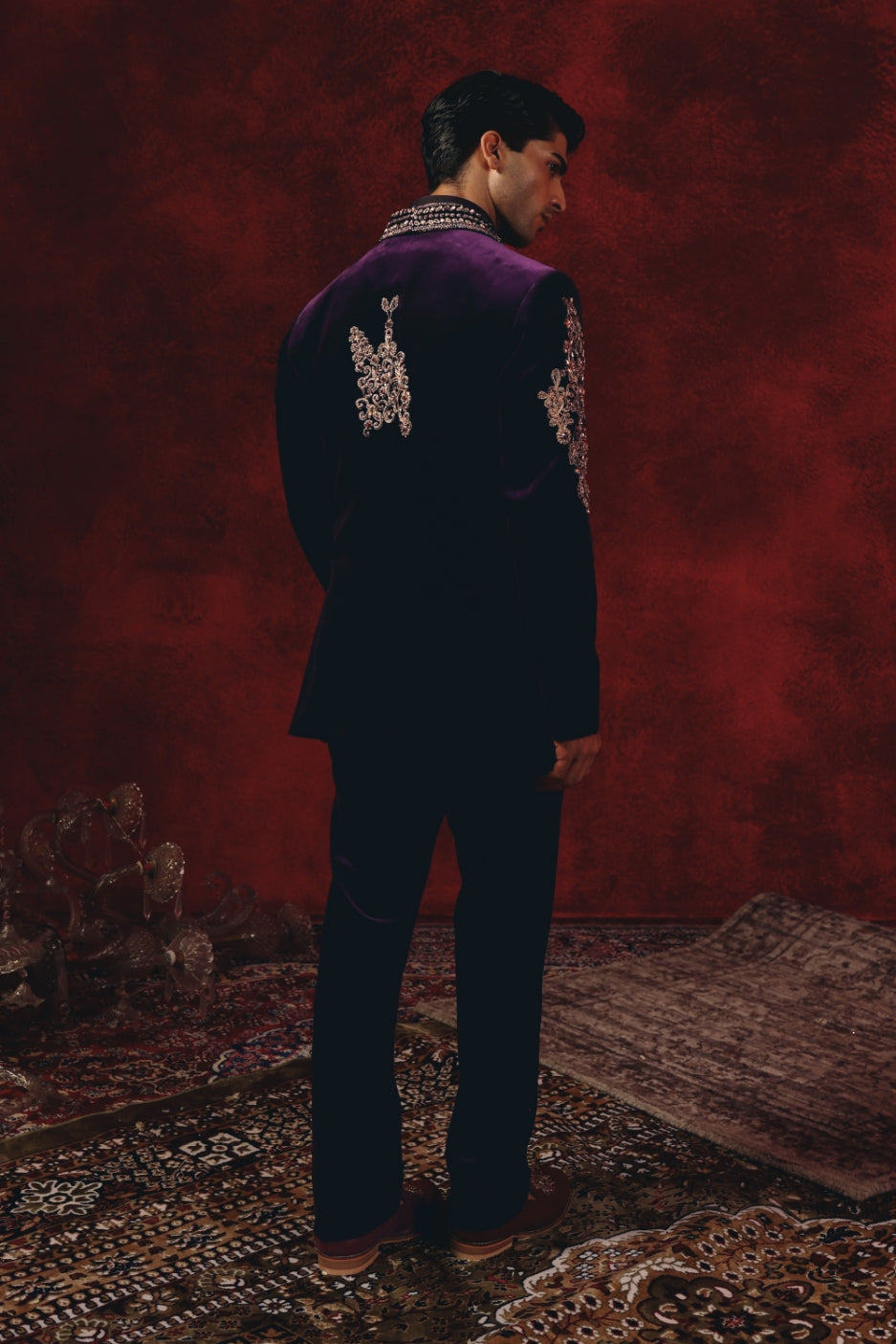 Baadshah-e-Aariz – Purple Velvet Tuxedo with Grand Gold Embroidery