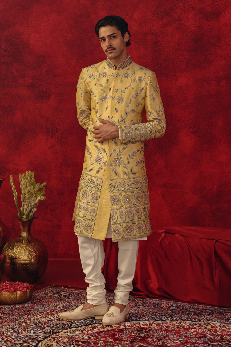 Nooriyan – Yellow Sherwani with Silver & Multicolour Embroidery