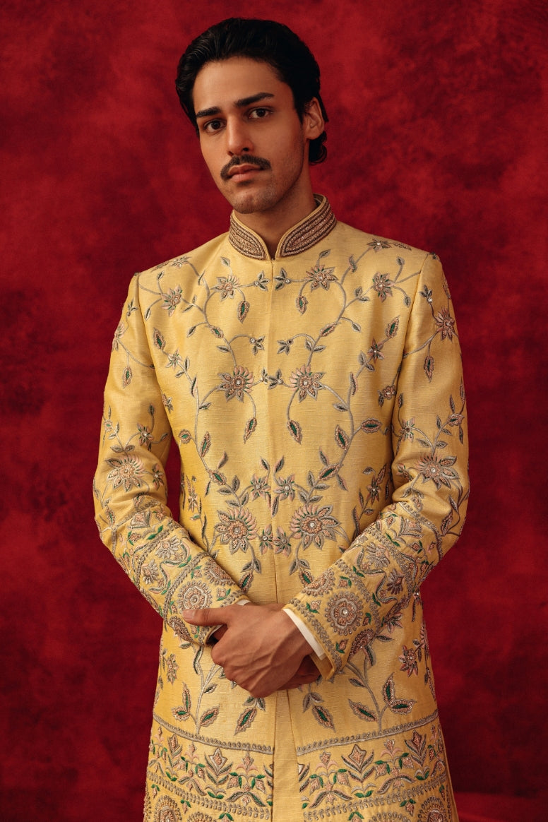 Nooriyan – Yellow Sherwani with Silver & Multicolour Embroidery