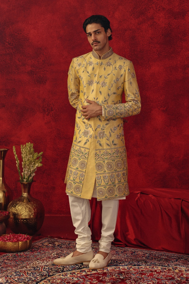 Nooriyan – Yellow Sherwani with Silver & Multicolour Embroidery
