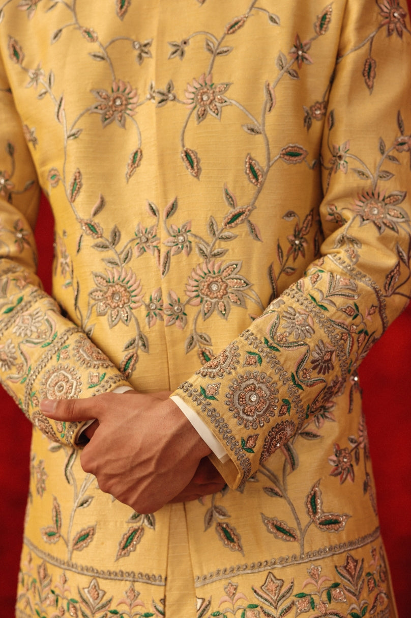 Nooriyan – Yellow Sherwani with Silver & Multicolour Embroidery