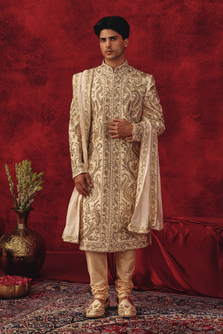 Zarbaft – Ivory Sherwani with Dabka & Red Resham Embroidery