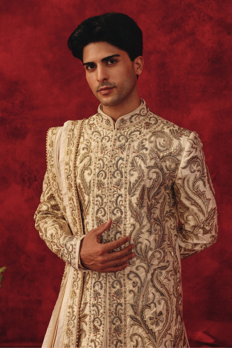 Zarbaft – Ivory Sherwani with Dabka & Red Resham Embroidery