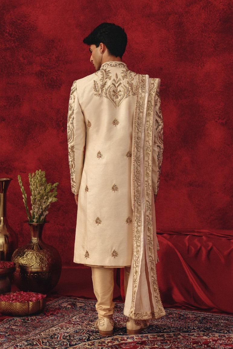 Zarbaft – Ivory Sherwani with Dabka & Red Resham Embroidery