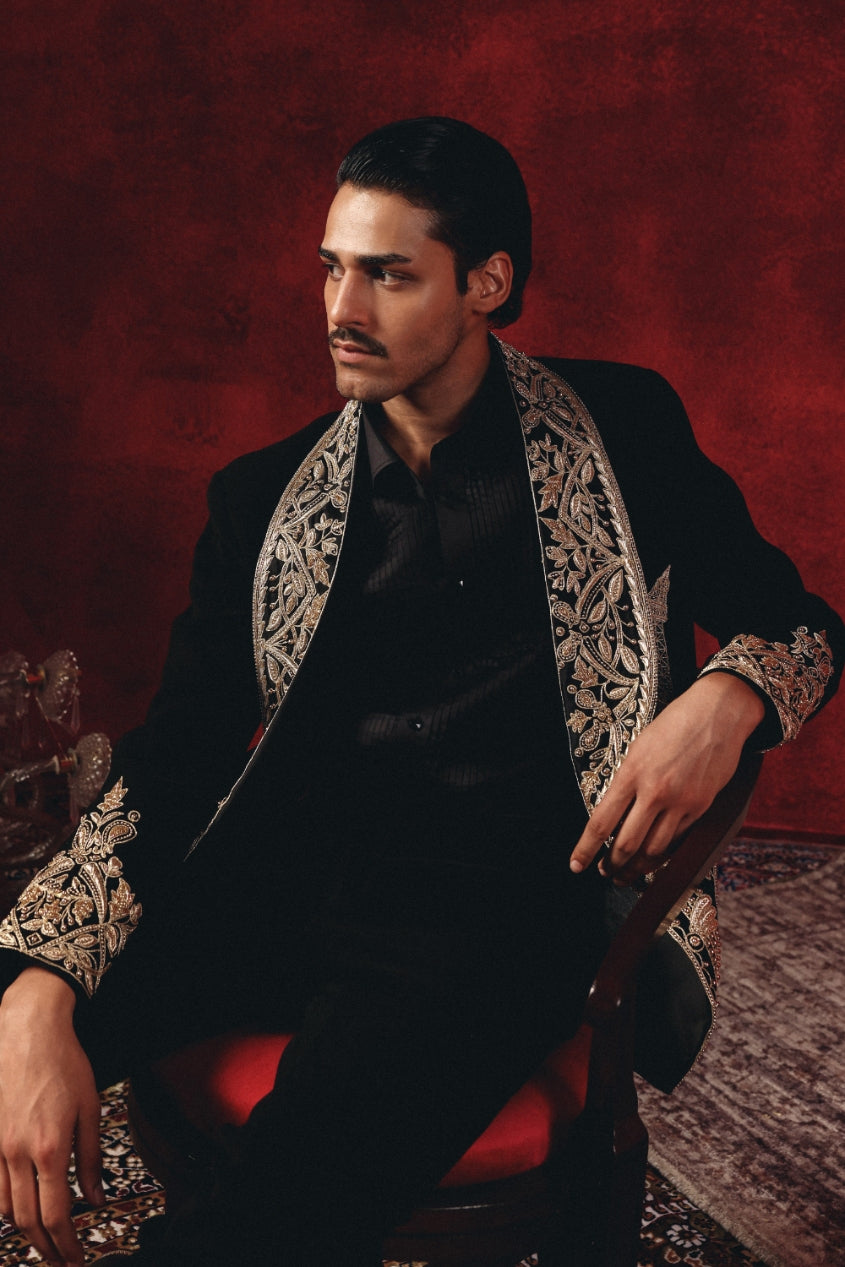 Shahenshah Noir – Black & Gold Hand-Embroidered Tuxedo